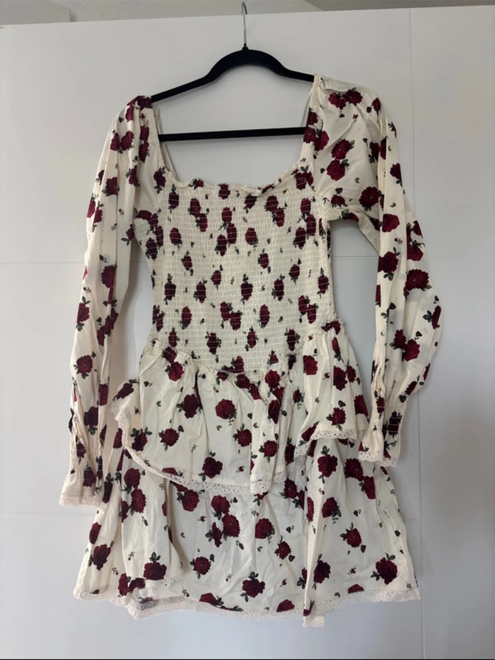 Cream Floral Smocked Long-Sleeve Mini Dress - Burgundy Rose Print